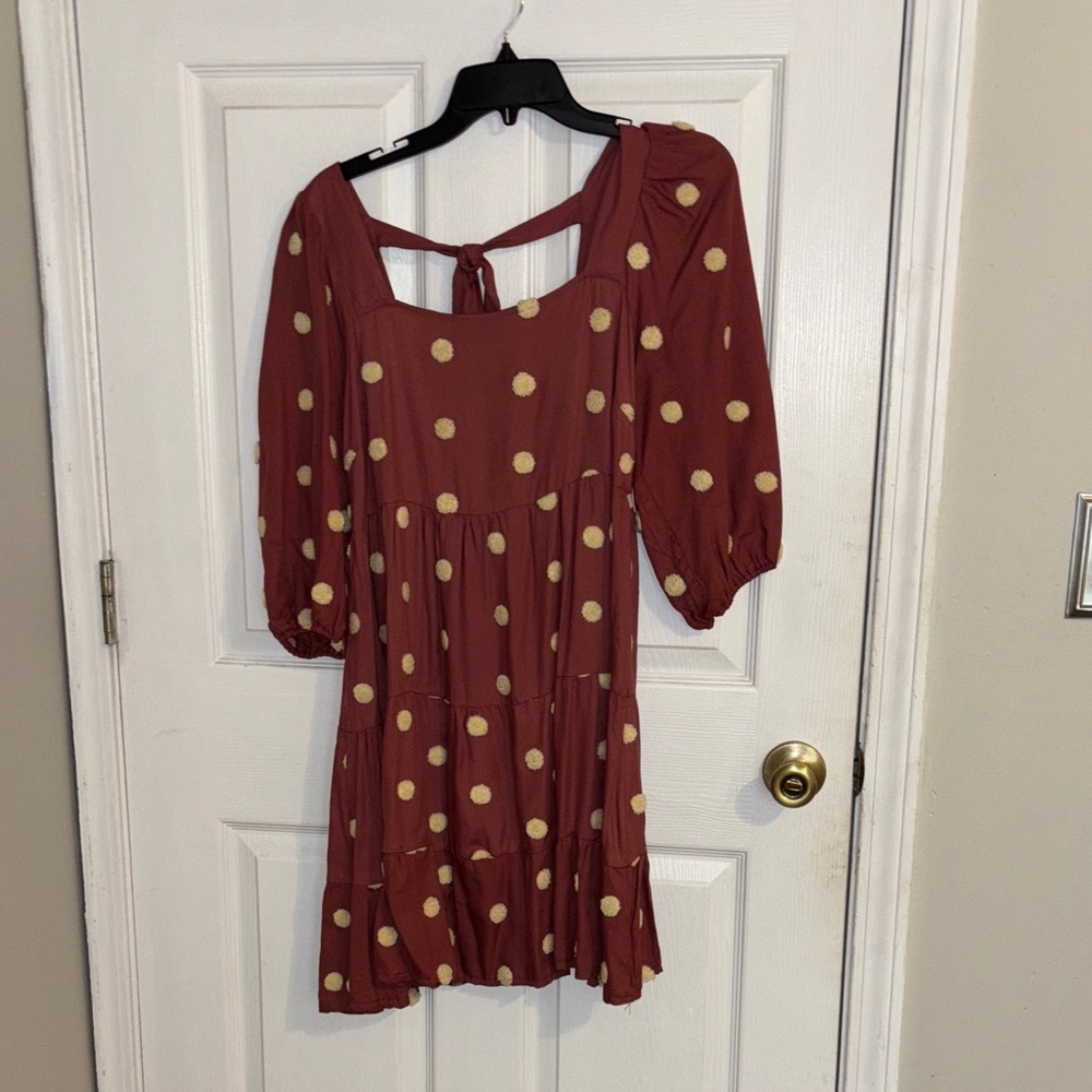 Mine Puff Sleeve Textured Polka Dot Tie Back Dress - Reddish Rust & Cream-Medium